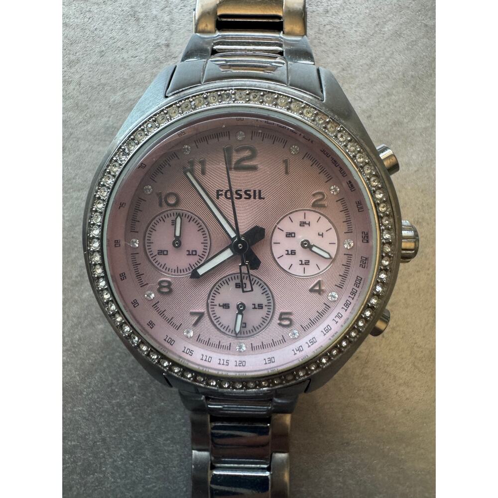 Fossil Pink Chronograph Watch Crystal Bezel Stainless Steel -Needs Battery